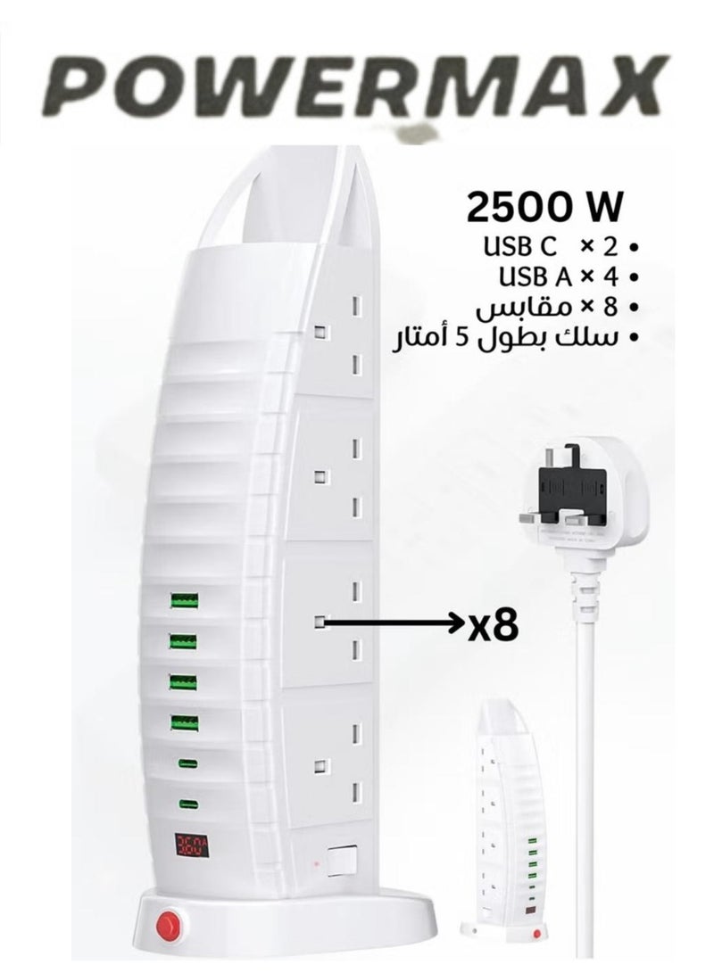 5Meter Extension Cord 14-in-1 Power Strip Extension Socket Tower – 8 AC Outlets + 6 USB Ports (2.1A) | 2500W Power Socket with Digital Voltmeter | 220V Universal Voltage Surge Protector Plug,Overload Protection, Fire-Retardant Shell 750°C, UK Plug for Home & Office,Kitchen And More